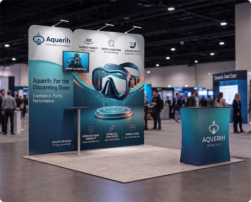 10 ft Inline Trade Show Booth - Portable Backwall Display with Counter & LED Lights Scuba Diving Equipment