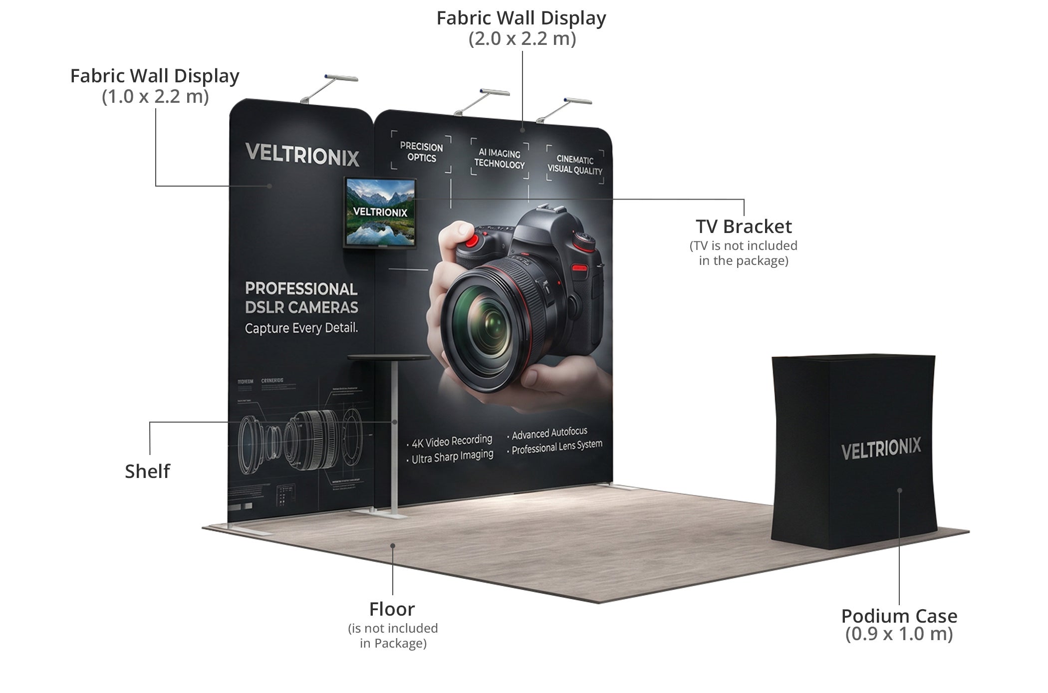 3 m Exhibition Stand - Portable Backwall Display with Counter & LED Lights Components & Sizes