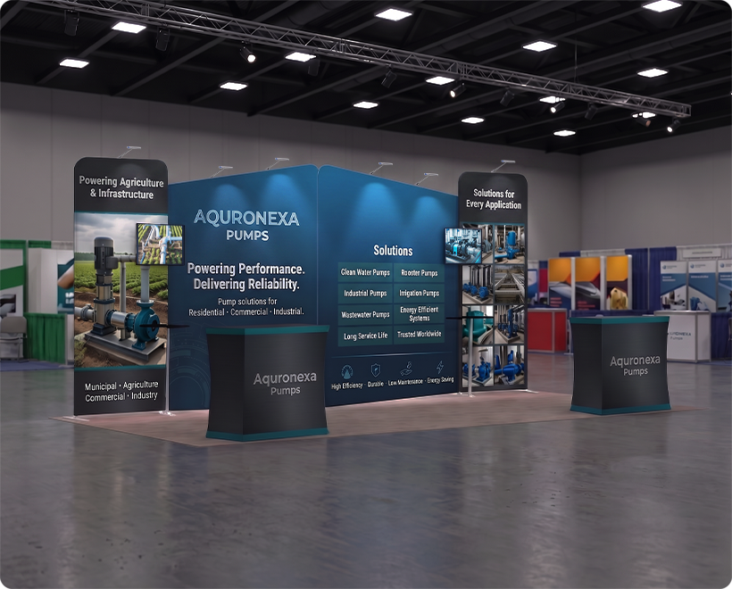 20 Ft Inline Trade Show Booth - Large Backwall Display with Dual Counters & LED Lighting Water Pumps