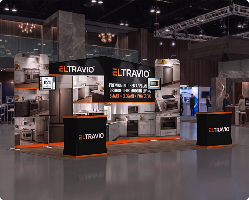 20 Ft Inline Trade Show Booth - Large Backwall Display with Dual Counters & LED Lighting Kitchen Appliances