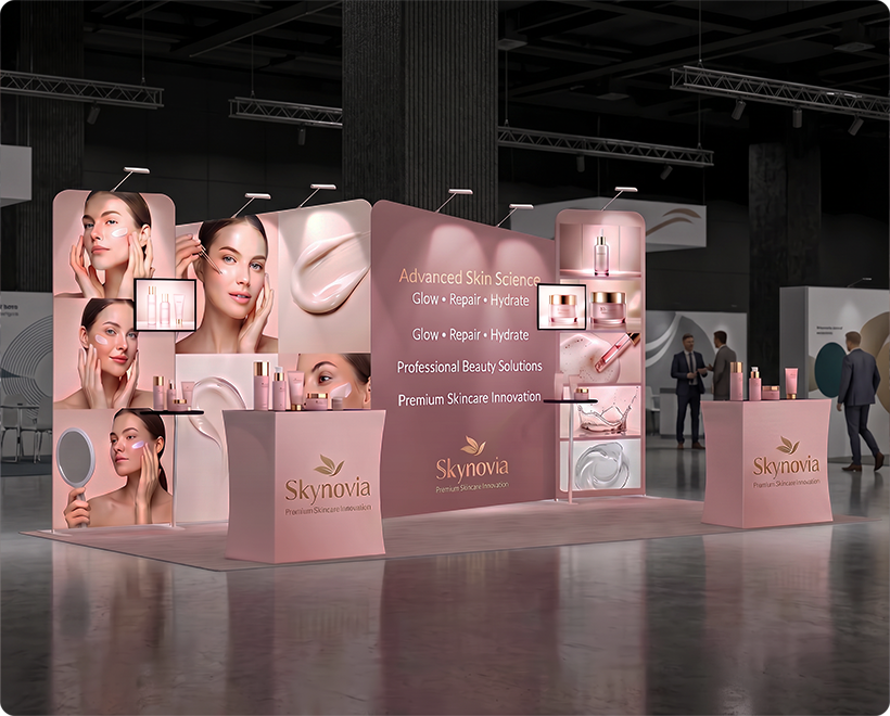 20 Ft Inline Trade Show Booth - Large Backwall Display with Dual Counters & LED Lighting Skin Care Beauty Product