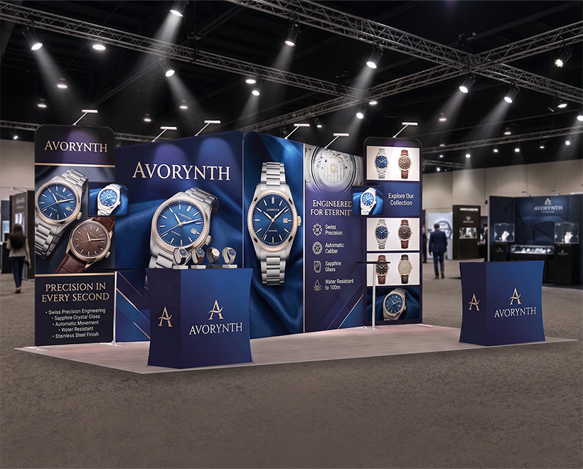 20 Ft Inline Trade Show Booth - Large Backwall Display with Dual Counters & LED Lighting Watch Brands