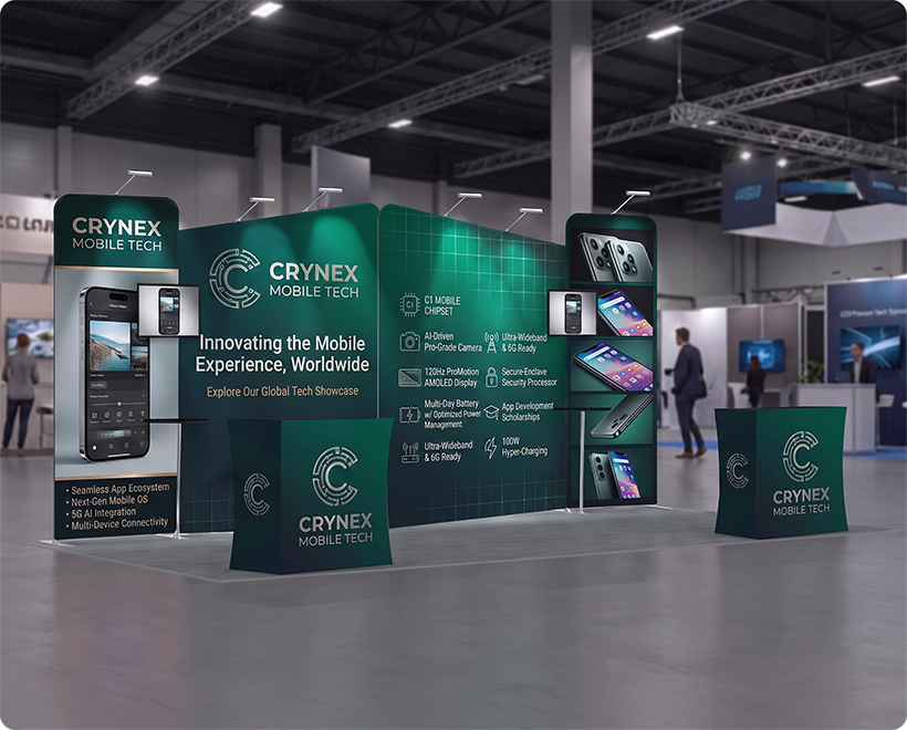 20 Ft Inline Trade Show Booth - Large Backwall Display with Dual Counters & LED Lighting Moblie Brand