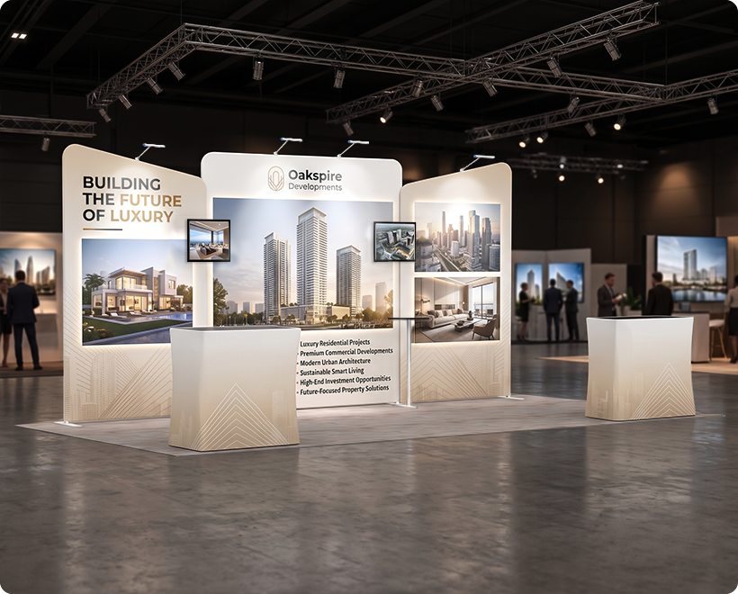 6 m Exhibition Stand - Modular Display Stand with Dual Counters & Storage Real Estate Marketing
