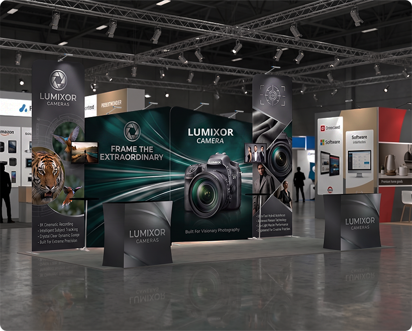 6 m Exhibition Stand - Display Stand with Counters & Branding Panels DLSR Camera
