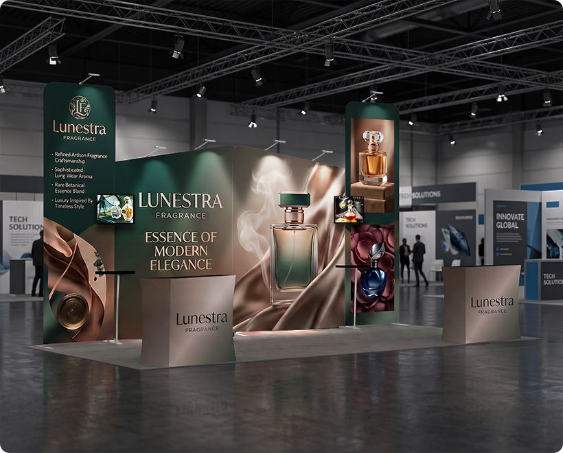 6 m Exhibition Stand - Display Stand with Counters & Branding Panels Perfume Company