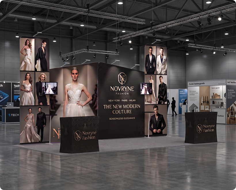 6 m Exhibition Stand - Display Stand with Counters & Branding Panels Fashion Brand