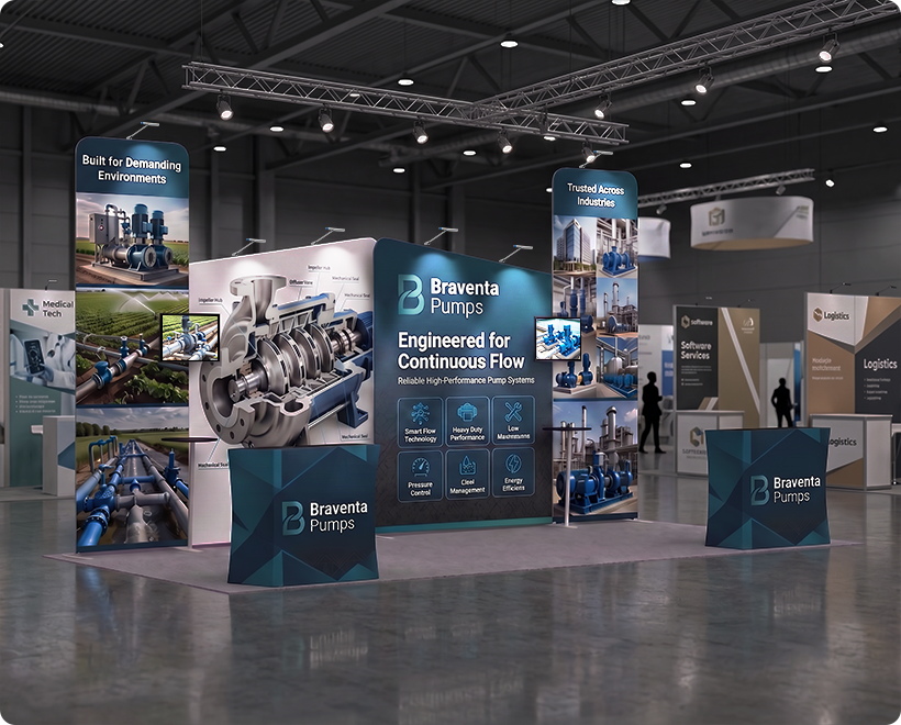 6 m Exhibition Stand - Display Stand with Counters & Branding Panels Water Pumps