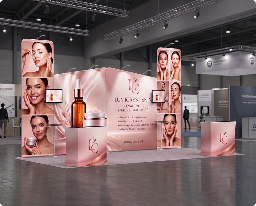 6 m Exhibition Stand - Display Stand with Counters & Branding Panels Skin Care Beauty Product