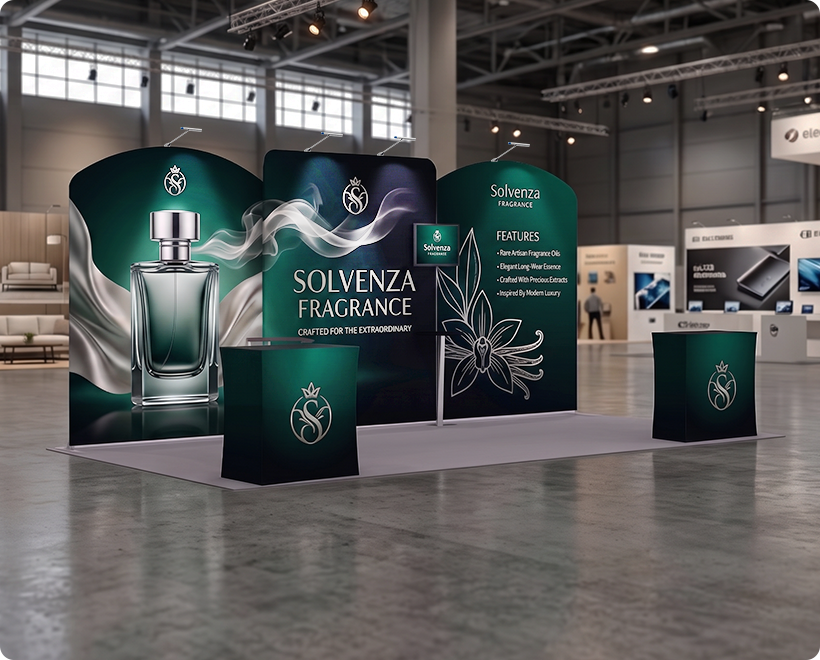 20 ft Inline Trade Show Booth - Large Backwall Display with Counters & Monitor Stand Perfume Company