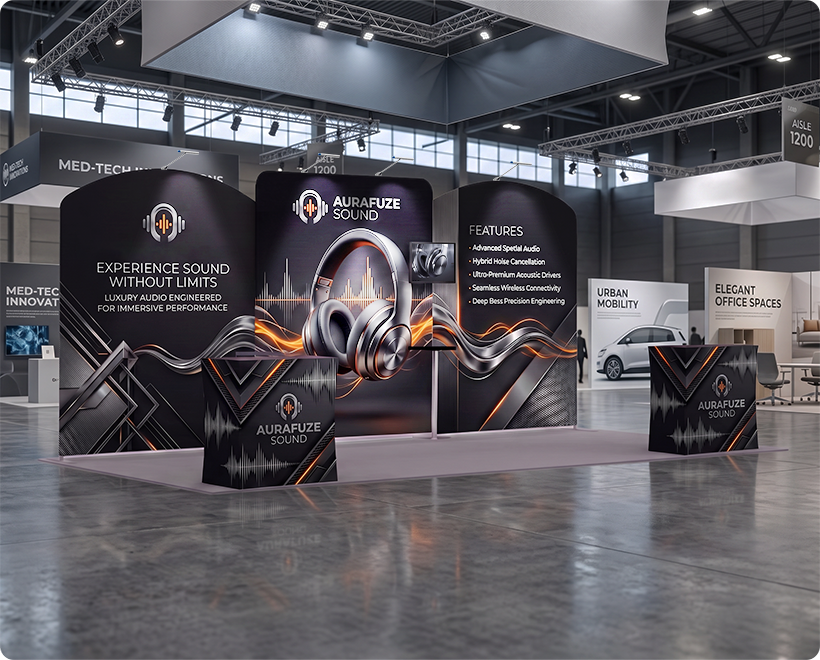 20 ft Inline Trade Show Booth - Large Backwall Display with Counters & Monitor Stand Headphone Company