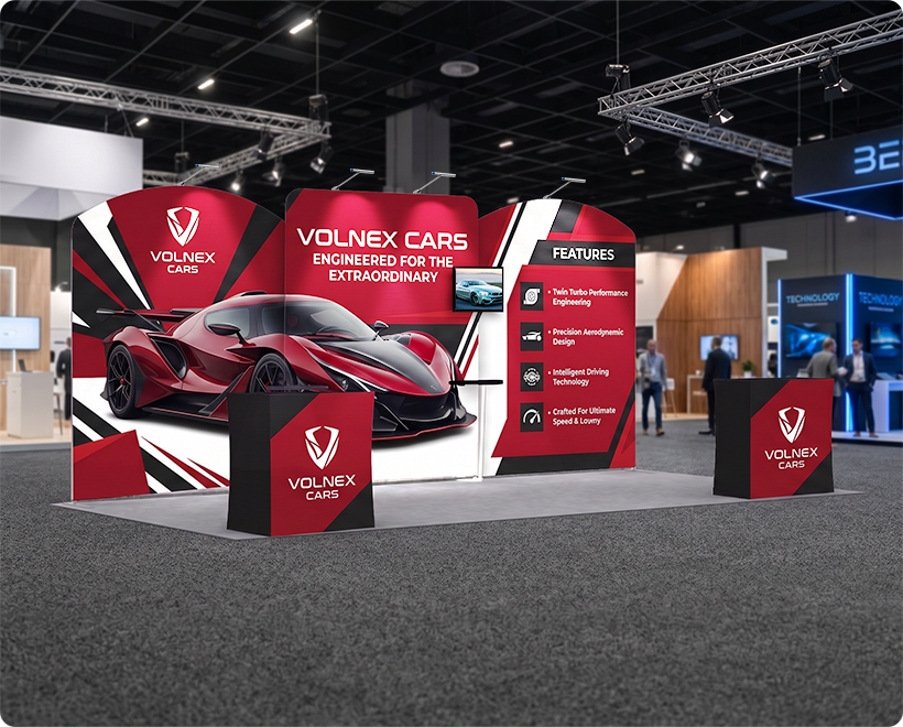 20 ft Inline Trade Show Booth - Large Backwall Display with Counters & Monitor Stand Sport Car Launch