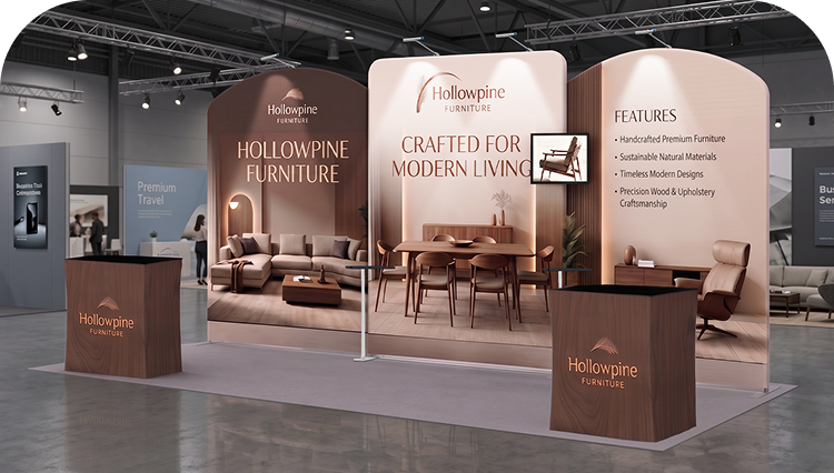 20 ft Inline Trade Show Booth - Large Backwall Display with Counters & Monitor Stand banner image mobile