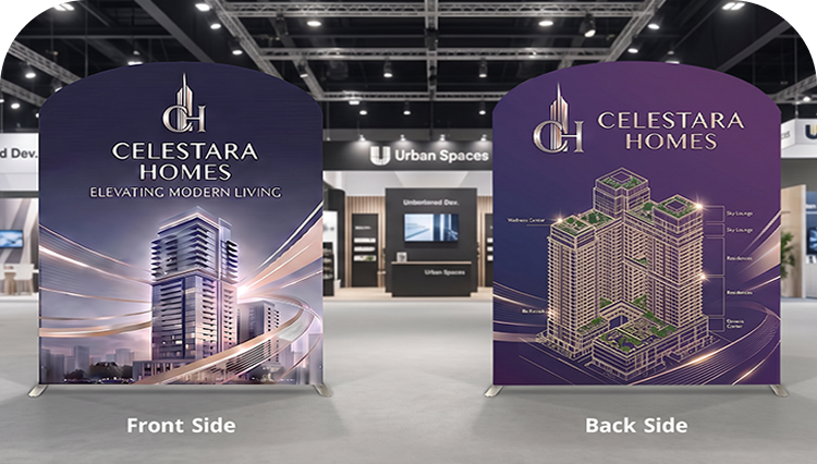 6 m Exhibition Stand - Fabric Display Stand with Counters & Lighting Double Side Print mobile