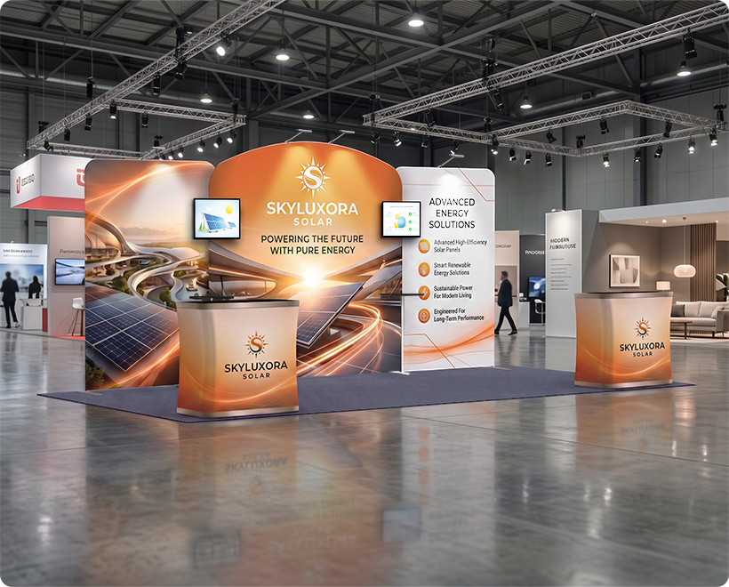 6 m Exhibition Stand - Fabric Display Stand with Counters & Lighting Solar Panels
