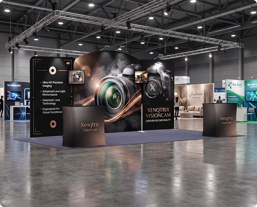 6 m Exhibition Stand - Fabric Display Stand with Counters & Lighting DLSR Camera