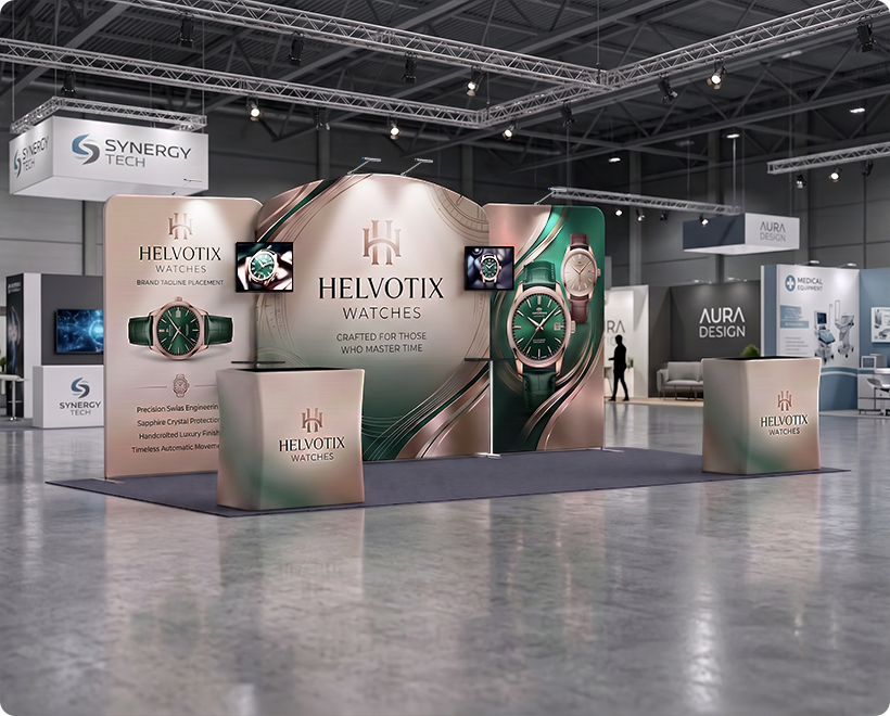 6 m Exhibition Stand - Fabric Display Stand with Counters & Lighting Watch Brand