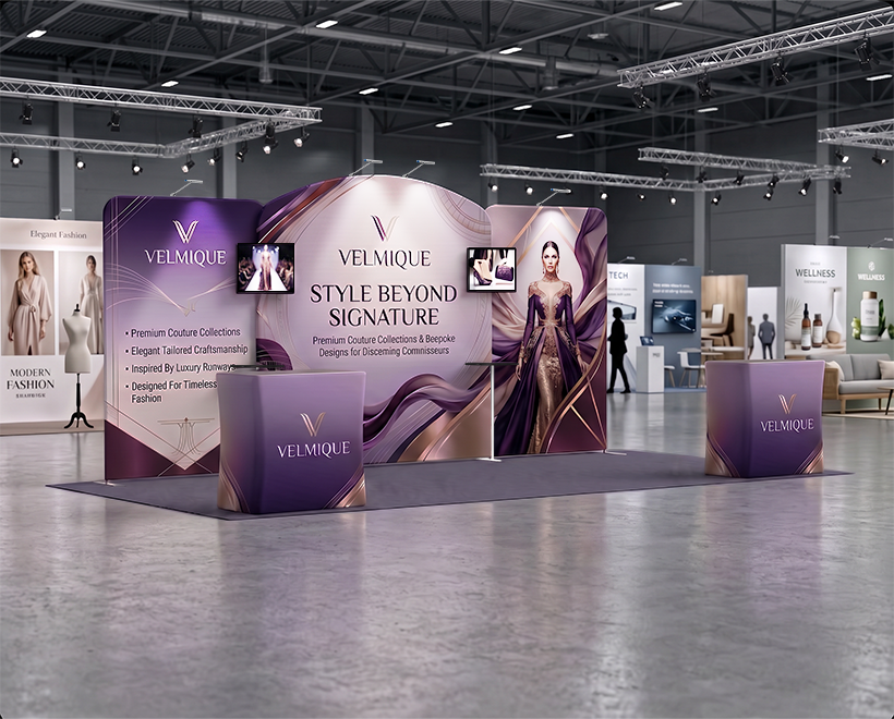 6 m Exhibition Stand - Fabric Display Stand with Counters & Lighting Fashion Brand
