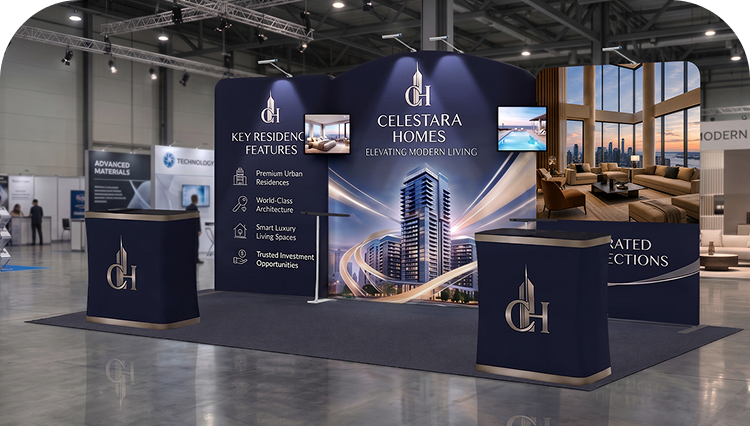 6 m Exhibition Stand - Fabric Display Stand with Counters & Lighting banner image mobile