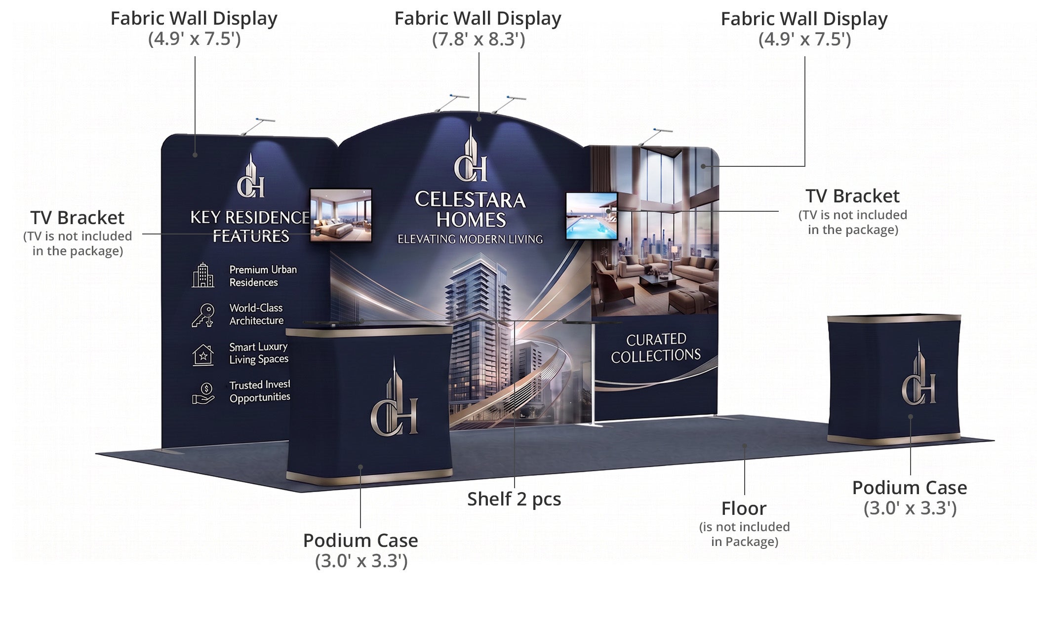 20 ft Inline Trade Show Booth - Fabric Backwall Display with Counters & Lighting Components & Sizes