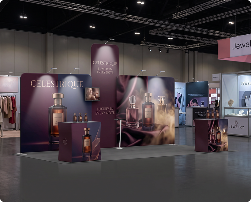 6 m Exhibition Stand - Portable Display Stand with Counters & LED Lights Perfume Company