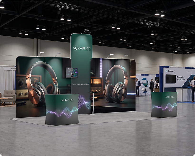 6 m Exhibition Stand - Portable Display Stand with Counters & LED Lights Headphone Company