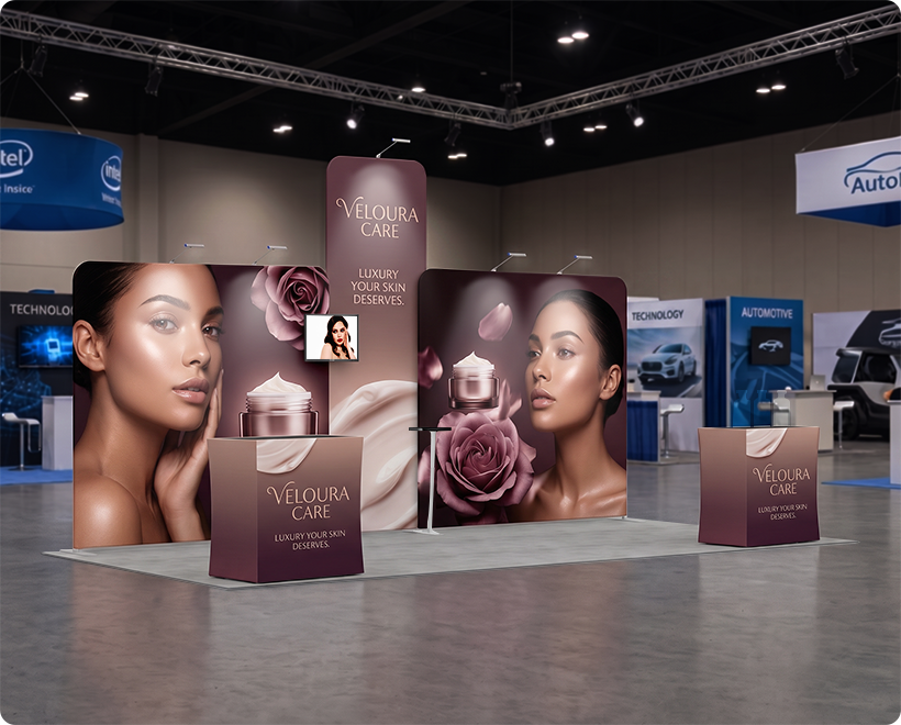 6 m Exhibition Stand - Portable Display Stand with Counters & LED Lights Skin Care Beauty Product