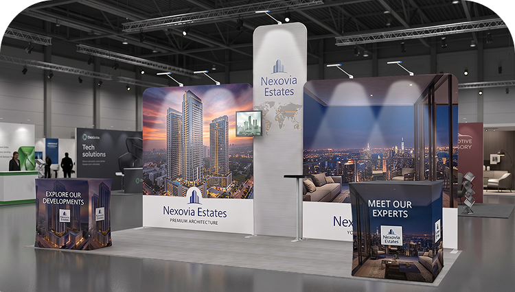 6 m Exhibition Stand - Portable Display Stand with Counters & LED Lights banner image mobile