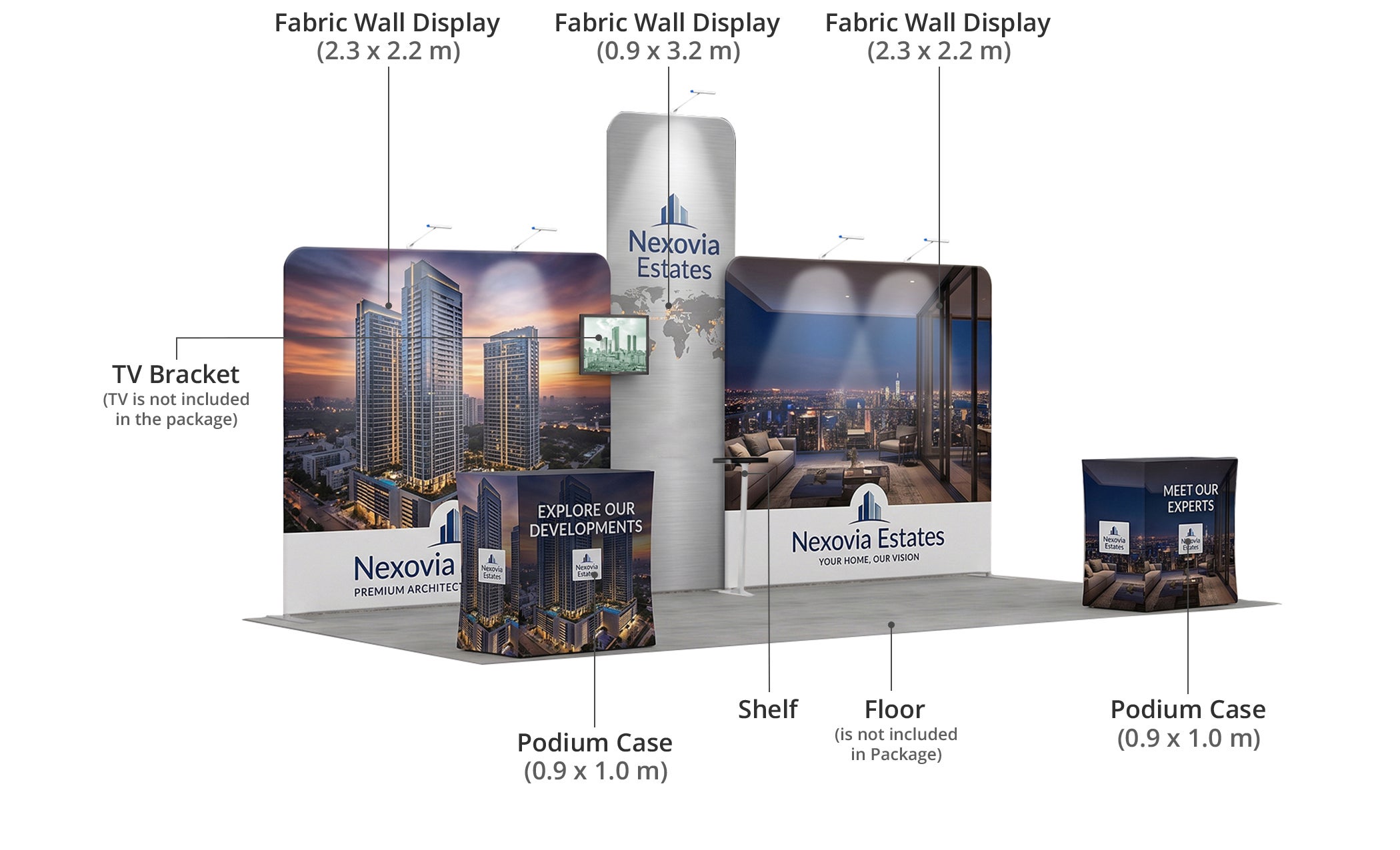 6 m Exhibition Stand - Portable Display Stand with Counters & LED Lights Components & Sizes
