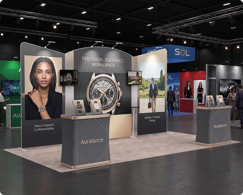6m Exhibition Stand - Portable Display Stand with Counters & Side Panels Watch Brands