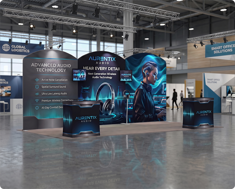 20 ft Inline Trade Show Booth - LED Backlit Display with Counters & Branding Headphone Company