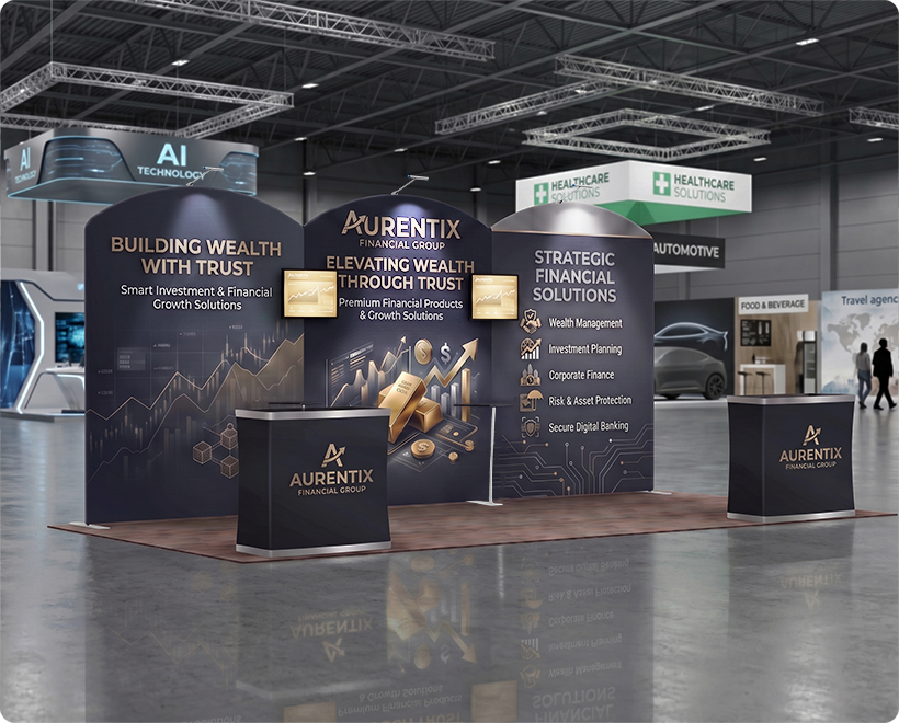 20 ft Inline Trade Show Booth - LED Backlit Display with Counters & Branding Finance Company