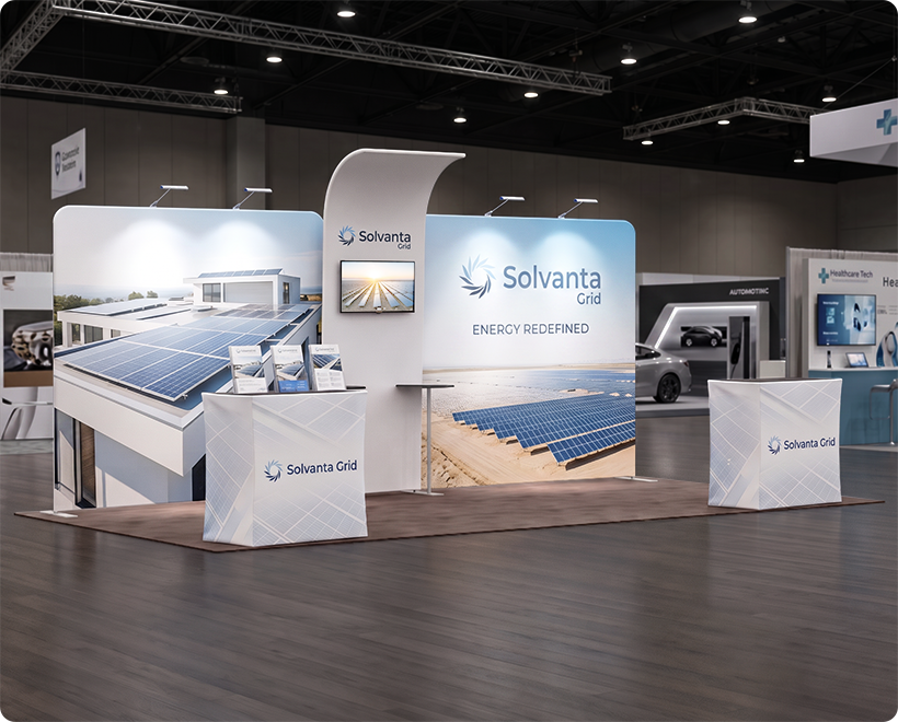 6 m Exhibition Stand - Fabric Display Stand with Counters & Storage Solar Panels