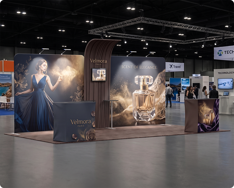 6 m Exhibition Stand - Fabric Display Stand with Counters & Storage Perfume Company