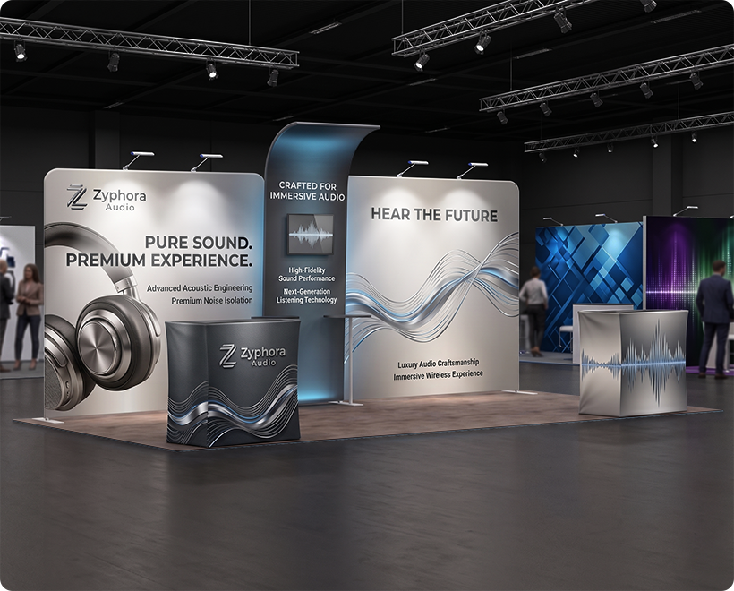 6 m Exhibition Stand - Fabric Display Stand with Counters & Storage Headphone Company