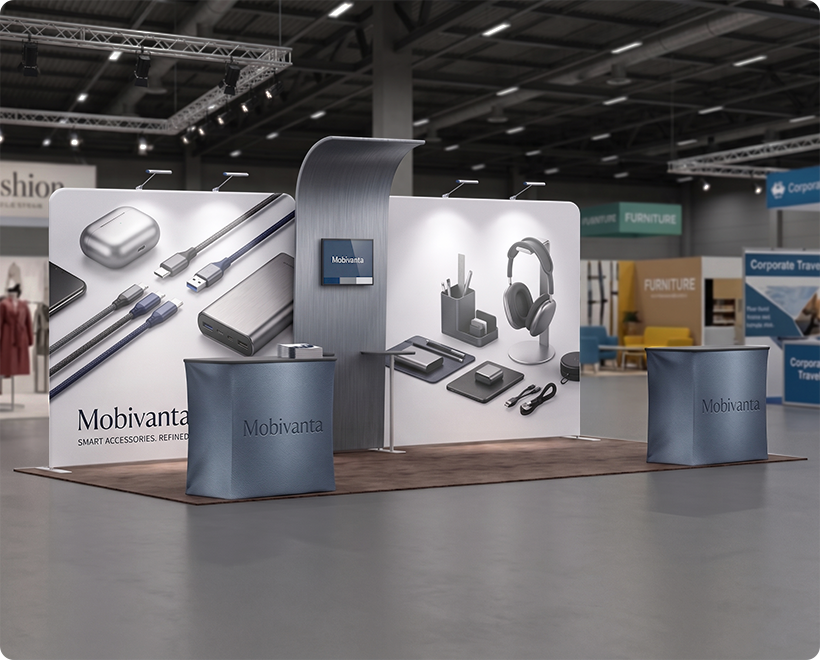 6 m Exhibition Stand - Fabric Display Stand with Counters & Storage Business Consulting Company