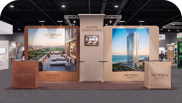 6 m Exhibition Stand - Fabric Display Stand with Counters & Storage banner image mobile