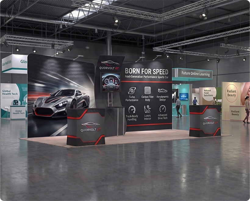 20 ft Inline Trade Show Booth - Modular Backwall Display with Counters & LED Lighting Sport Car