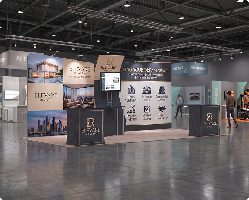 20 ft Inline Trade Show Booth - Modular Backwall Display with Counters & LED Lighting Real Estate Marketing