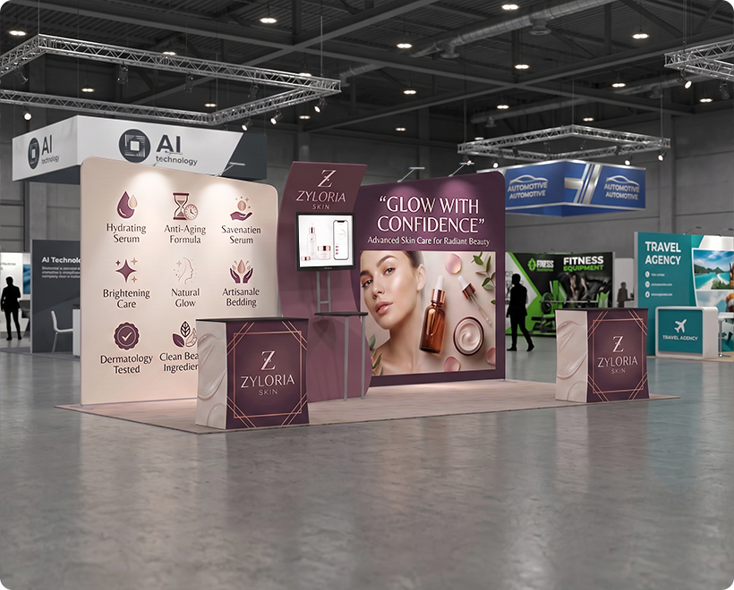 20 ft Inline Trade Show Booth - Modular Backwall Display with Counters & LED Lighting Skin Care Beauty Product