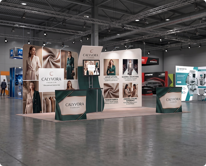 20 ft Inline Trade Show Booth - Modular Backwall Display with Counters & LED Lighting Fashion Brand