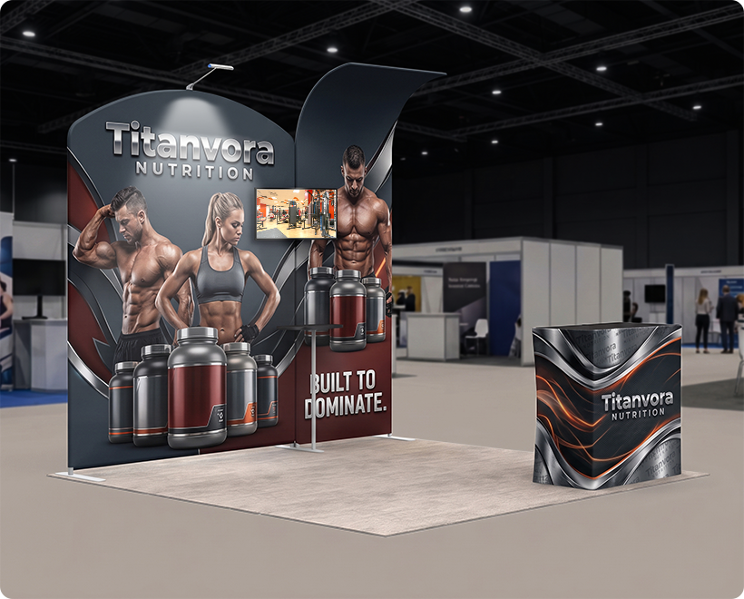 10 ft Inline Trade Show Booth - Modular Display with Backwall, Counter & LED Package Gym Brand
