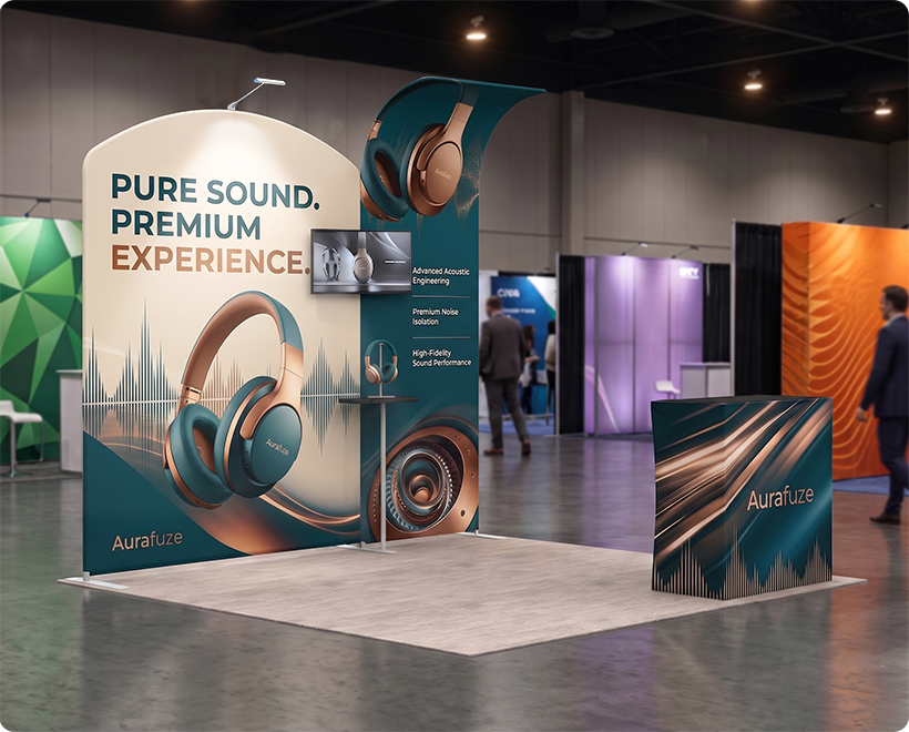 10 ft Inline Trade Show Booth - Modular Display with Backwall, Counter & LED Package Headphone Company