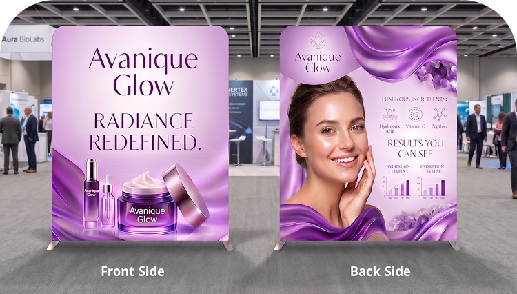 6 m Inline Exhibition Stand - Modular Fabric Display with Podium, Shelves & LED Lights Double Side Print mobile