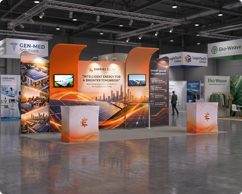 6 m Inline Exhibition Stand - Modular Fabric Display with Podium, Shelves & LED Lights Solar Panels