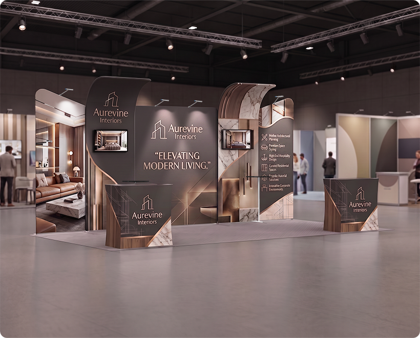 6 m Inline Exhibition Stand - Modular Fabric Display with Podium, Shelves & LED Lights interior designer company