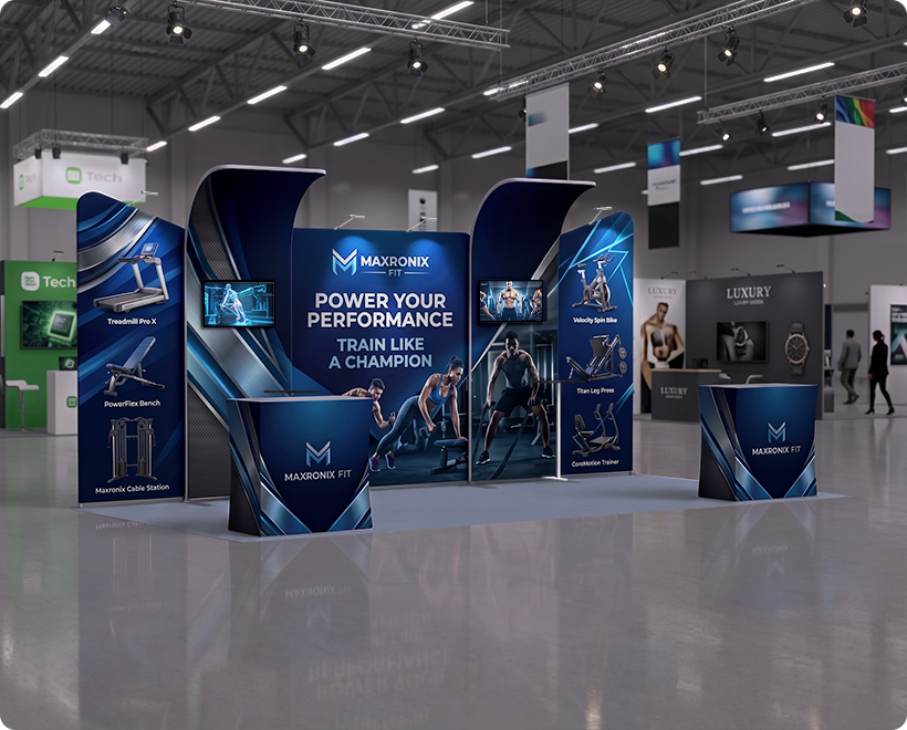 6 m Inline Exhibition Stand - Modular Fabric Display with Podium, Shelves & LED Lights Gym Equipment