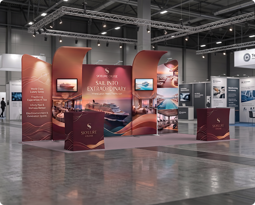 6 m Inline Exhibition Stand - Modular Fabric Display with Podium, Shelves & LED Lights World Cruise Tours & Travel Company