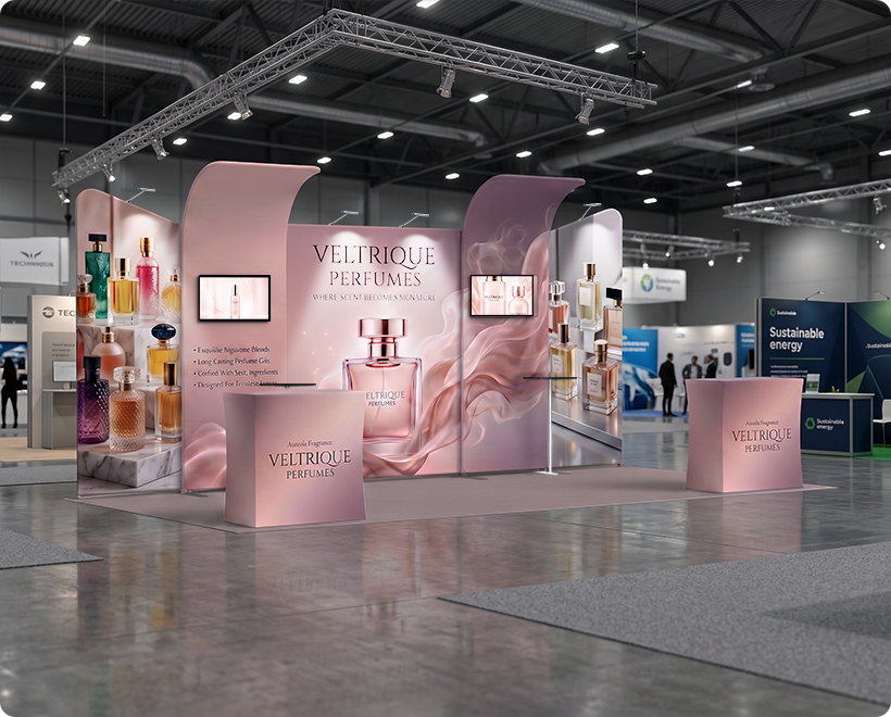 6 m Inline Exhibition Stand - Modular Fabric Display with Podium, Shelves & LED Lights Perfume Company