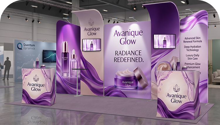 6 m Inline Exhibition Stand - Modular Fabric Display with Podium, Shelves & LED Lights banner image mobile